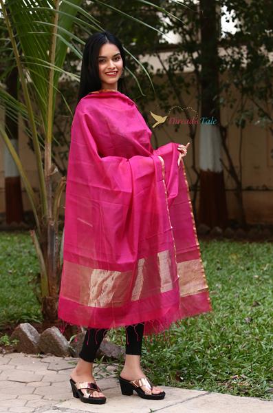 Fusia Handwoven Silk Cotton Chanderi Dupatta