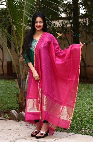 Fusia Handwoven Silk Cotton Chanderi Dupatta