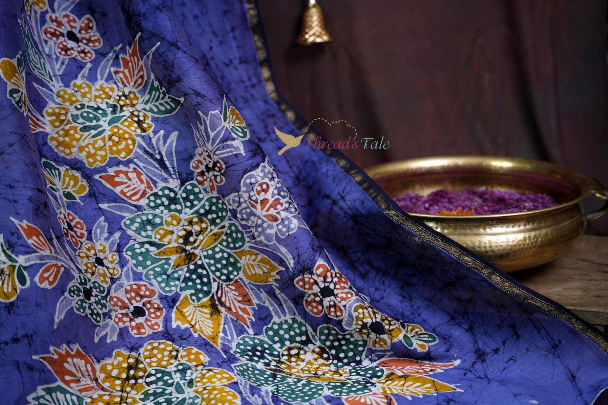 Handcrafted Blue Batik Dupatta With Floral Design