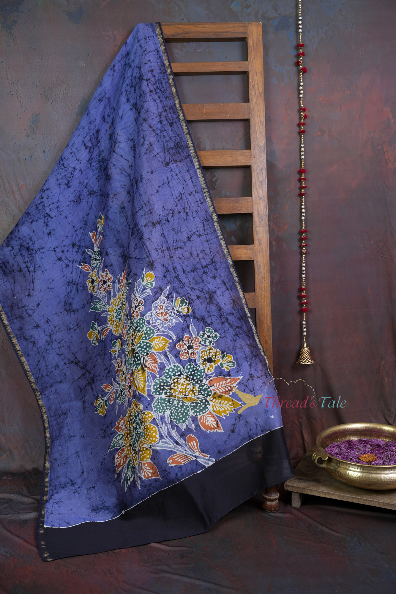 Handcrafted Blue Batik Dupatta With Floral Design