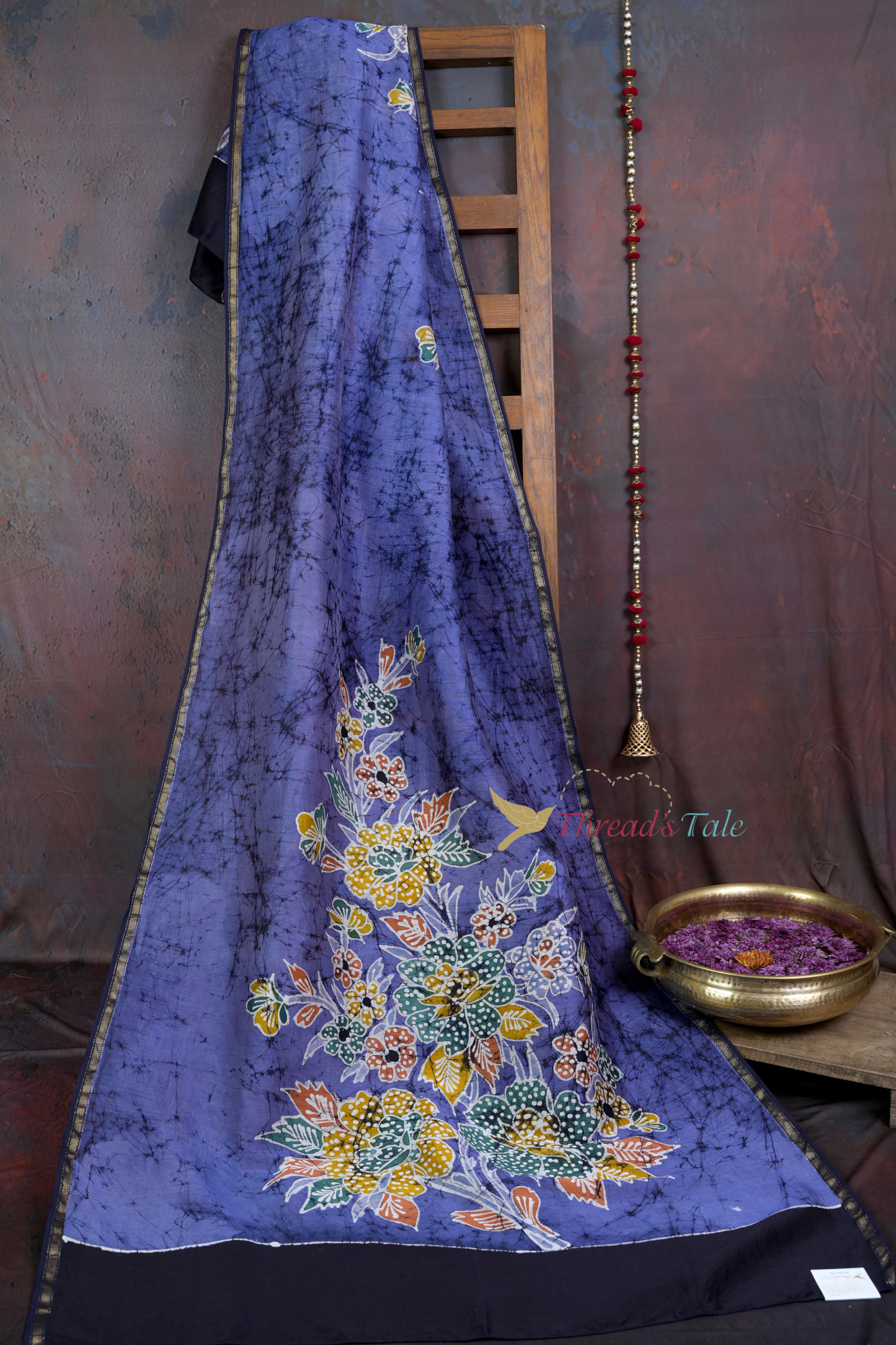 Handcrafted Blue Batik Dupatta With Floral Design
