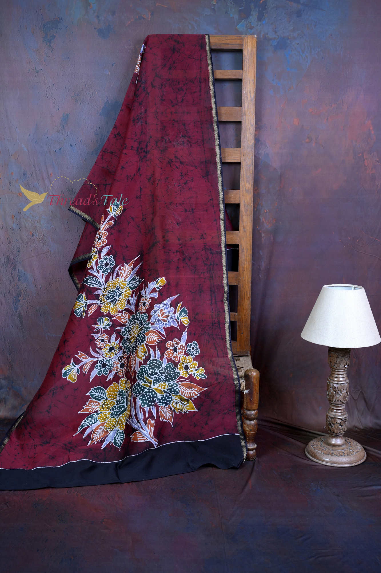 Handcrafted Maroon Batik Dupatta With Floral Design