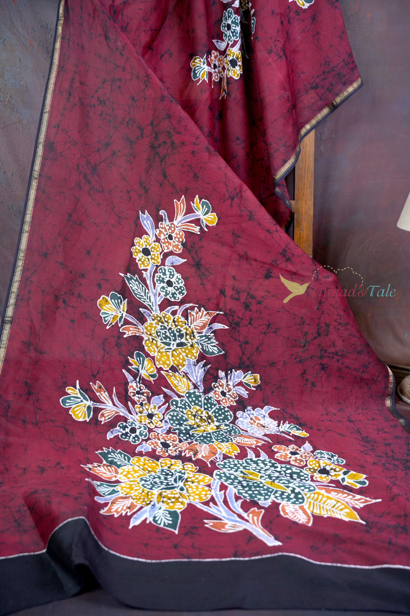 Handcrafted Maroon Batik Dupatta With Floral Design