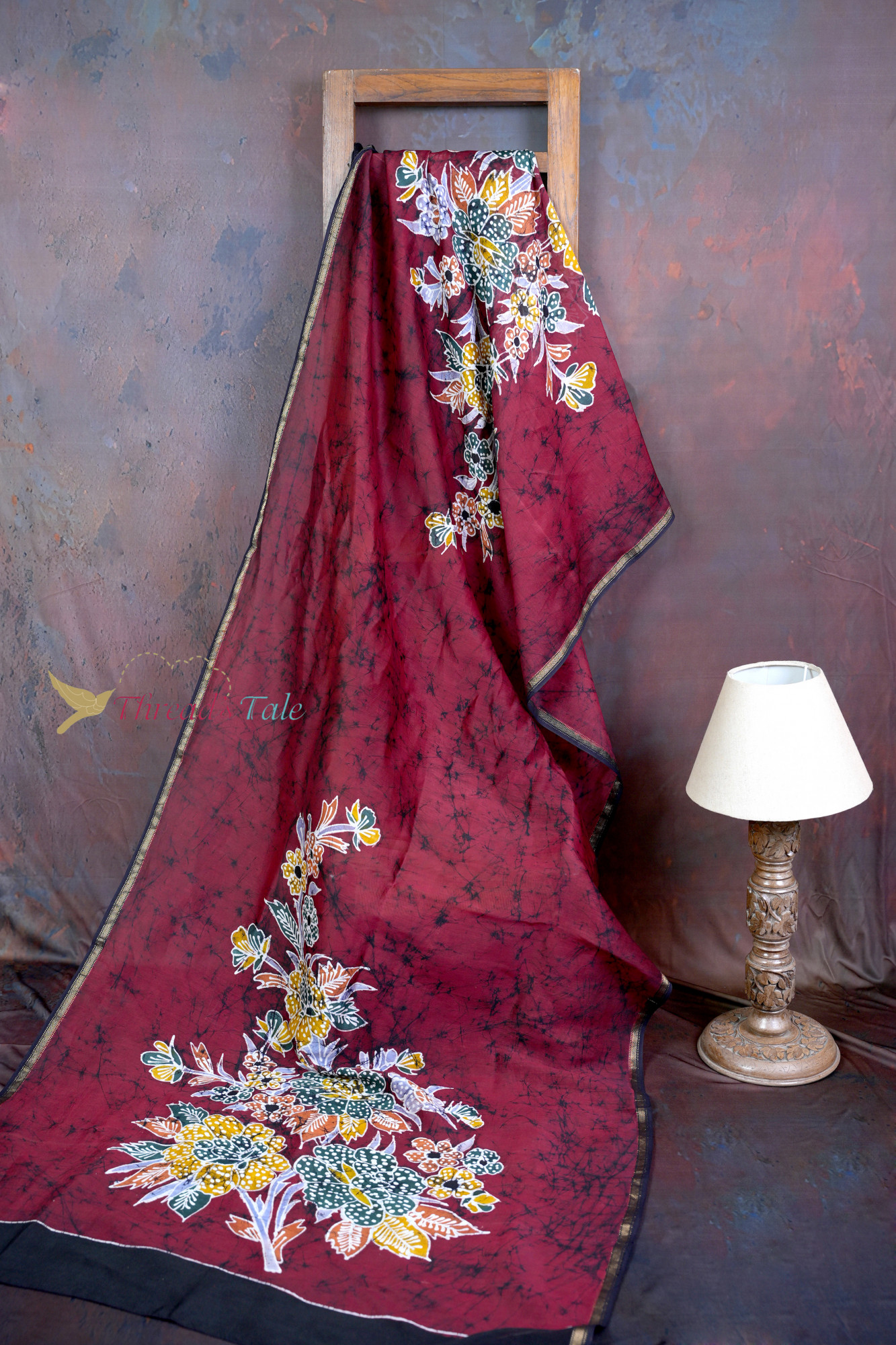 Handcrafted Maroon Batik Dupatta With Floral Design