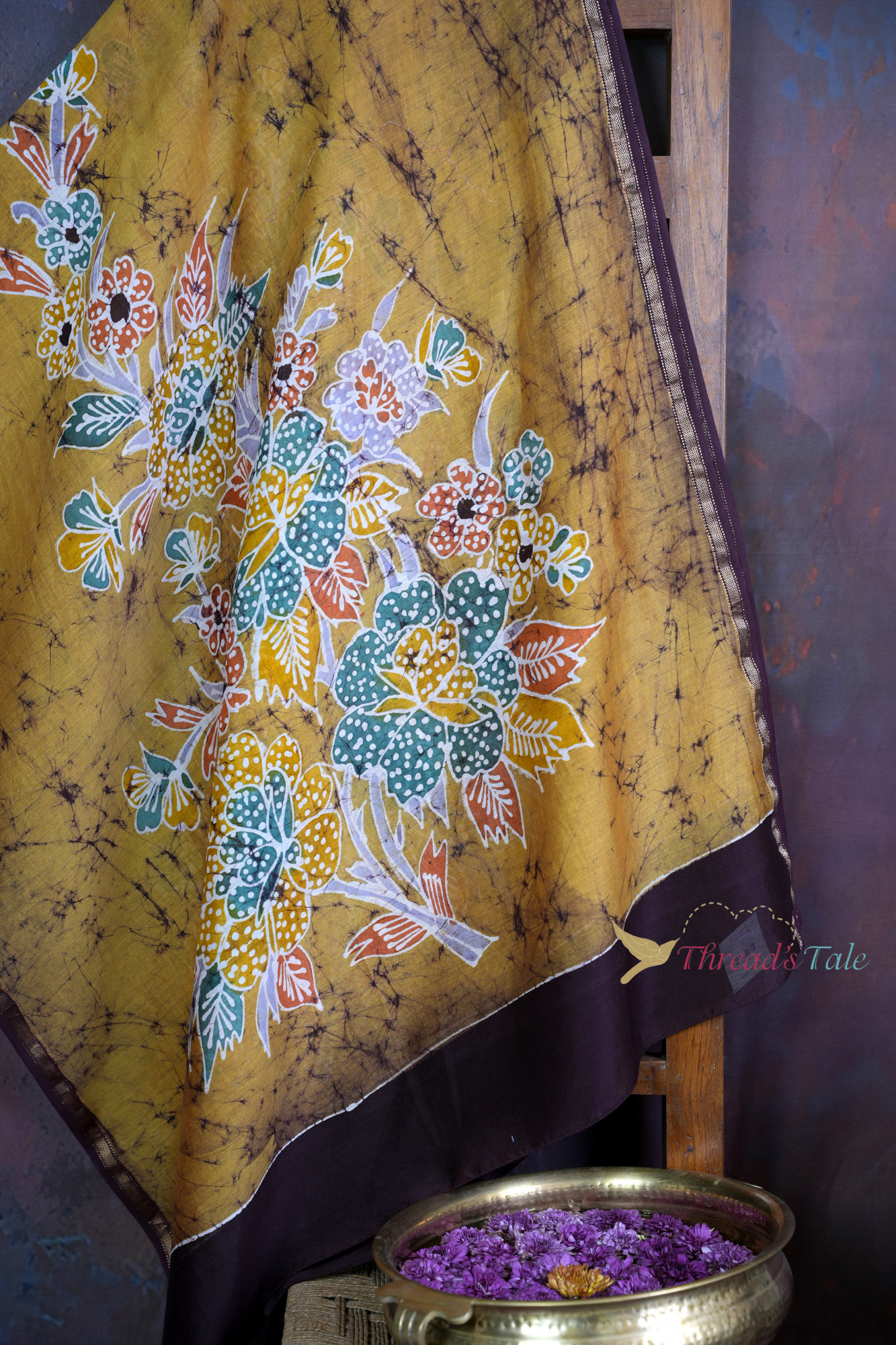 Handcrafted Mustard Batik Dupatta With Floral Design