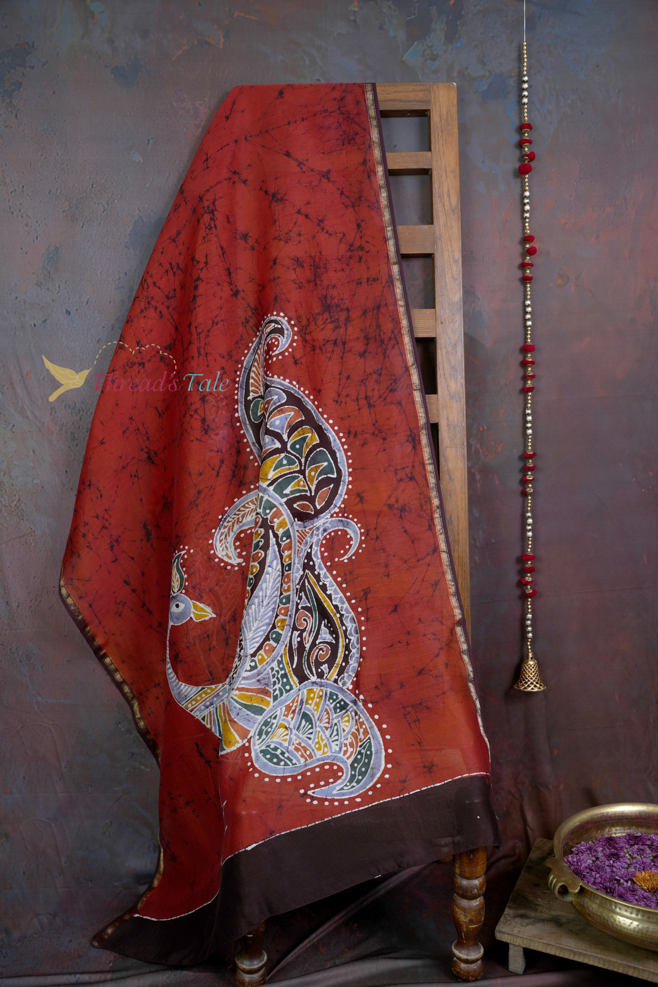 Handcrafted Red Batik Dupatta With Peacock Design