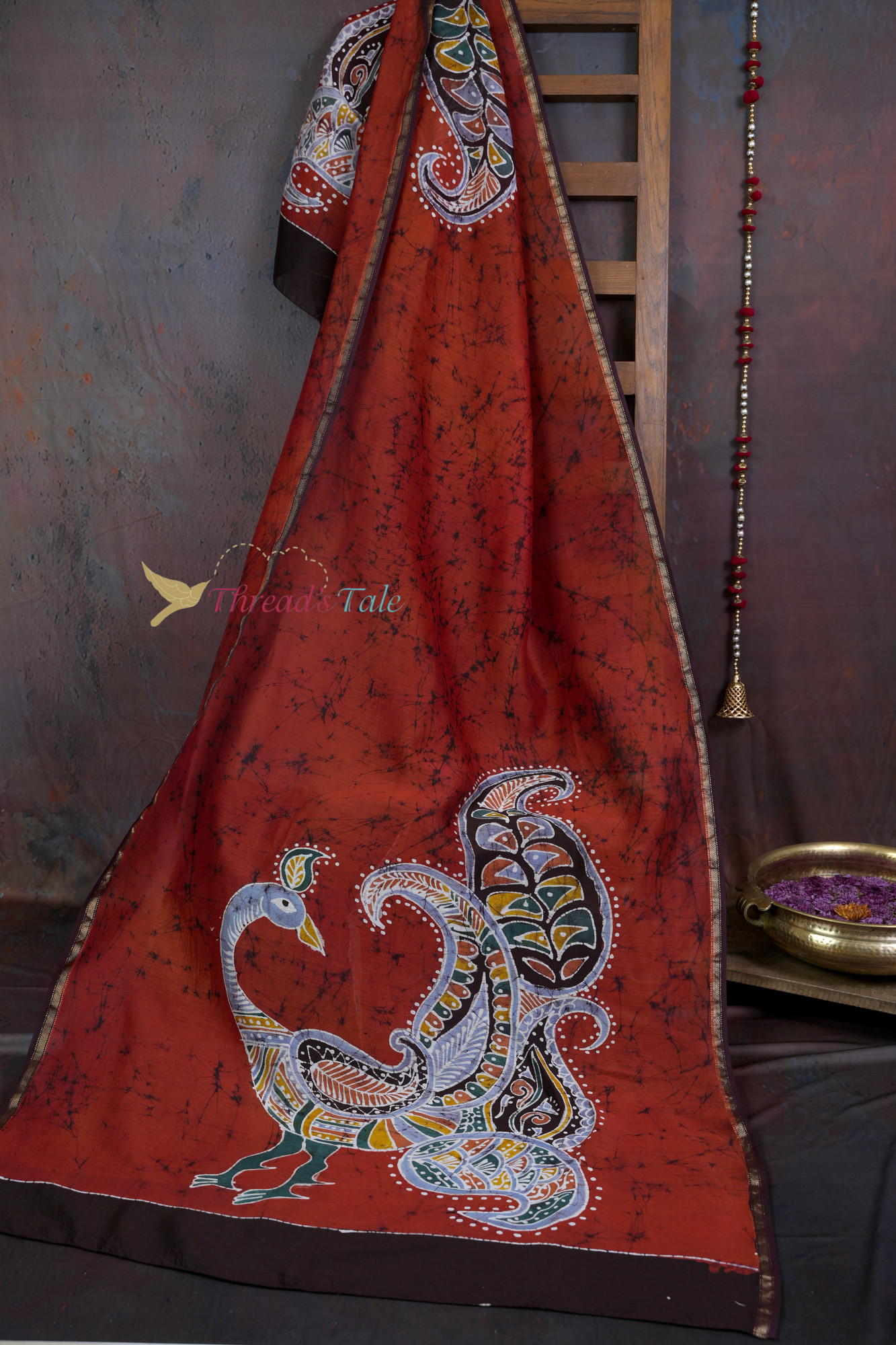 Handcrafted Red Batik Dupatta With Peacock Design