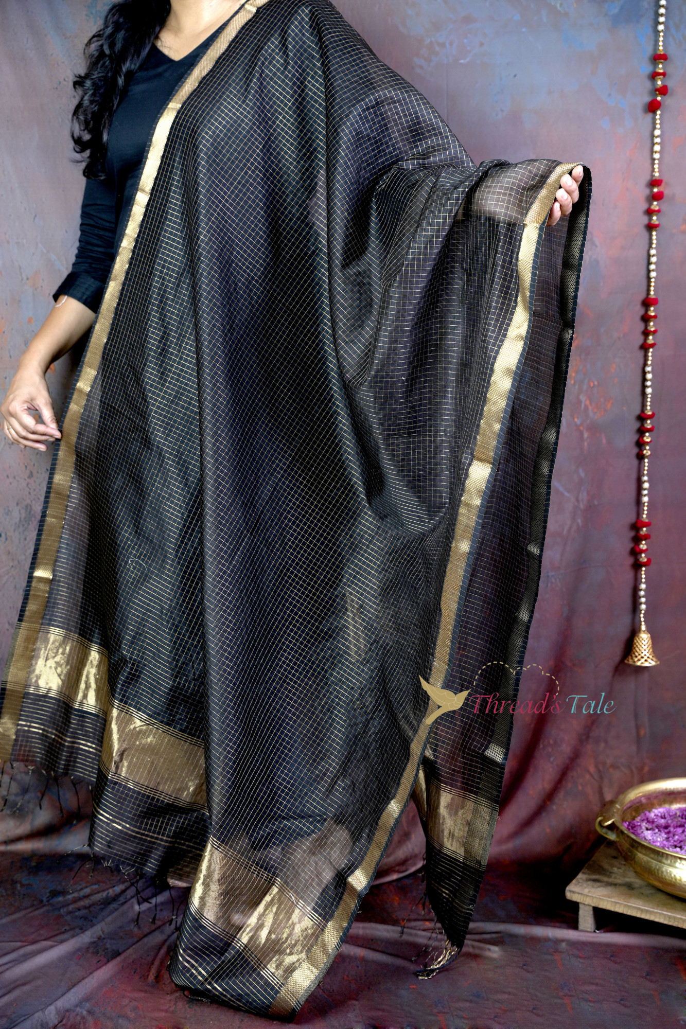 Handwoven Black Tissue Checks Dupatta