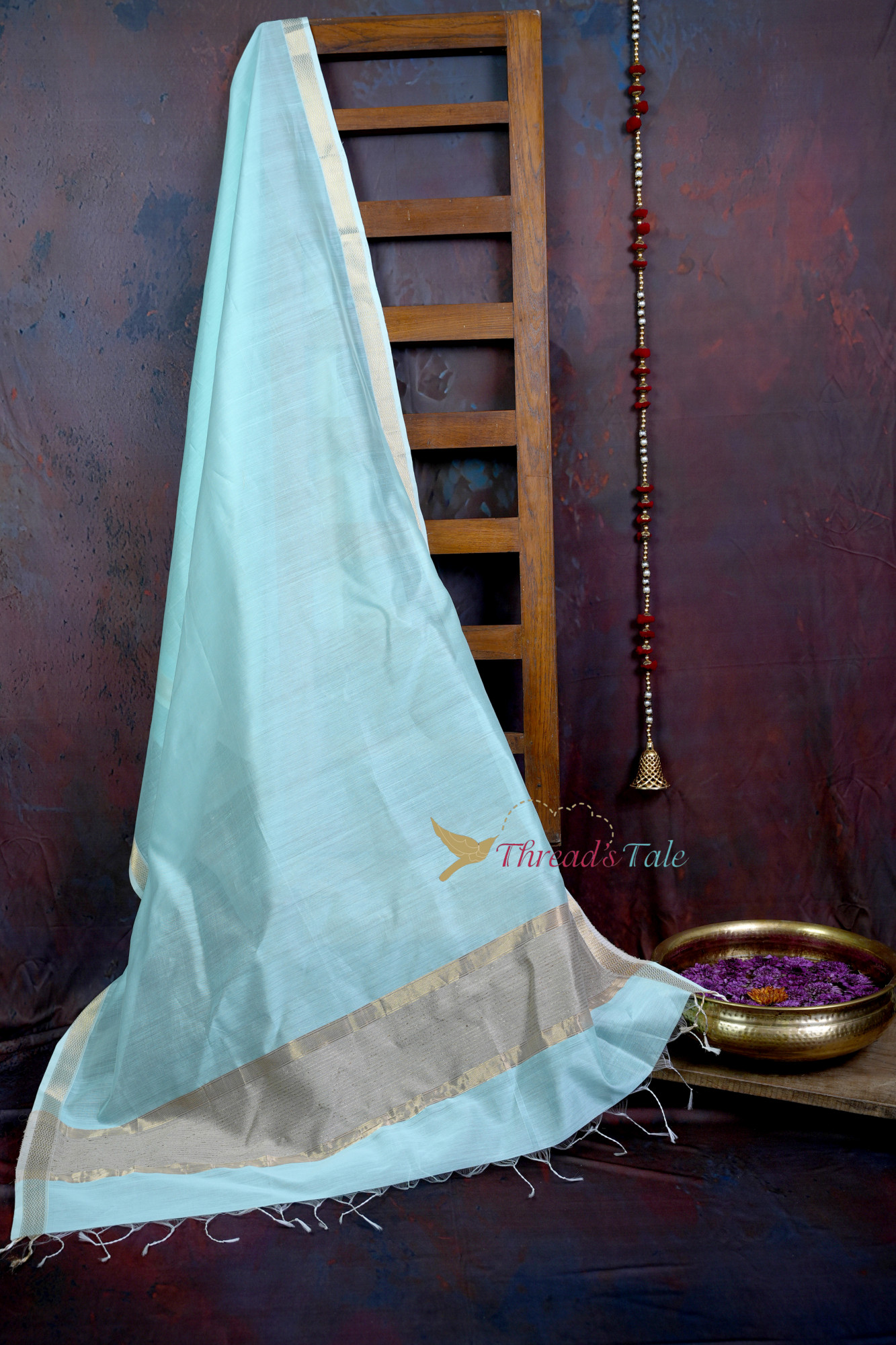 Handwoven Ocean Blue Dupatta With Jute Border