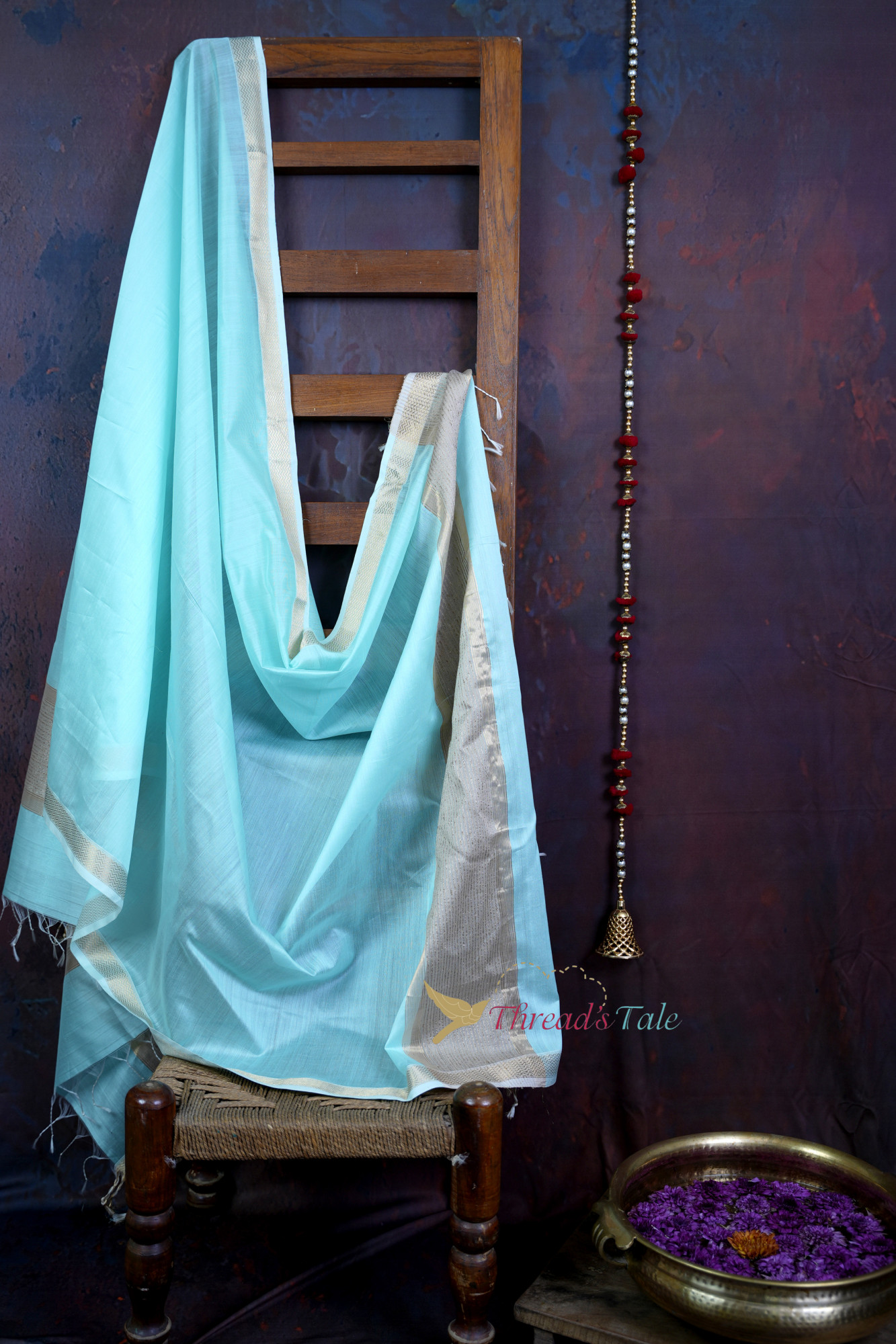 Handwoven Ocean Blue Dupatta With Jute Border
