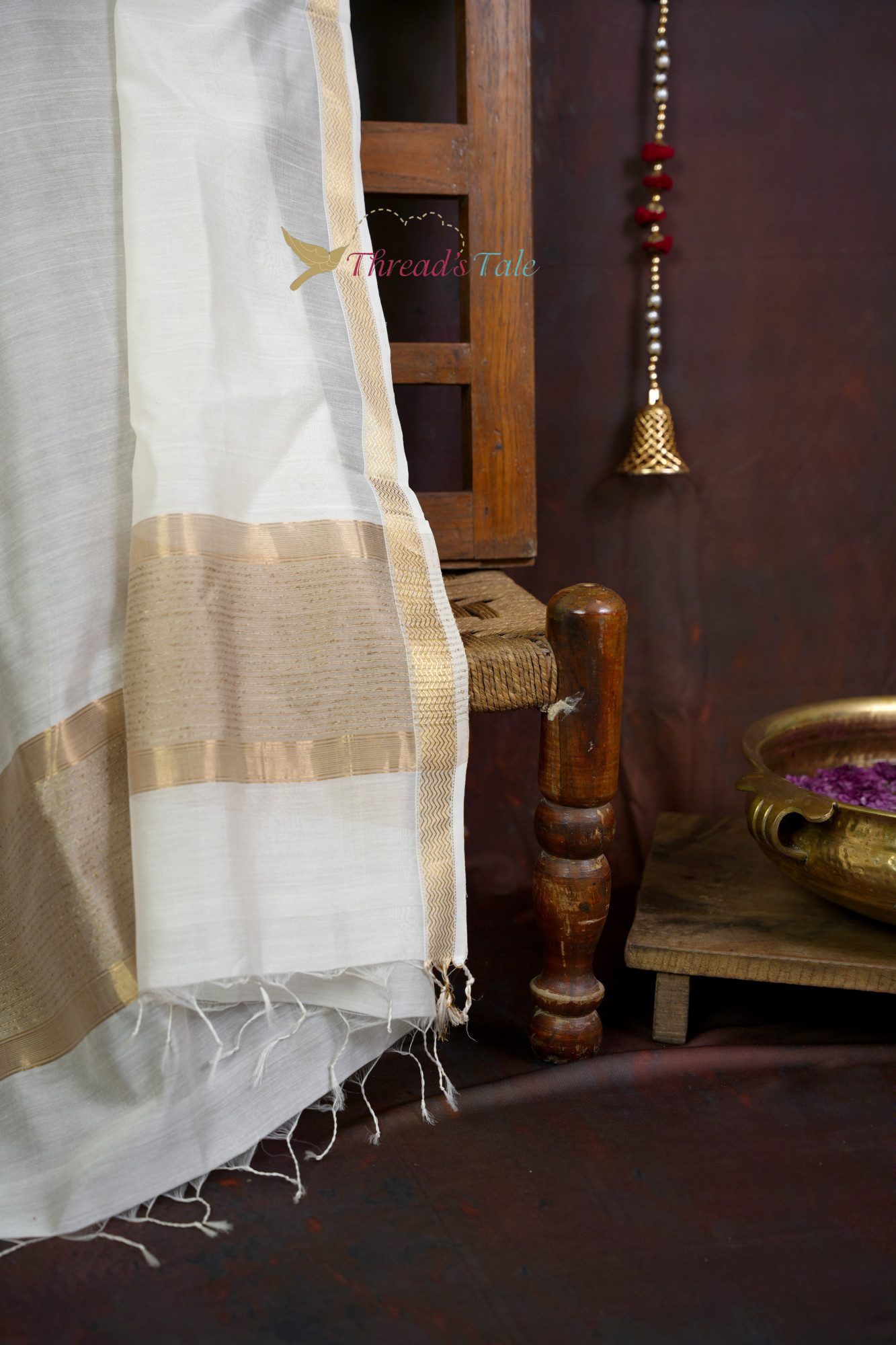 Handwoven Milky White Dupatta With Jute Border