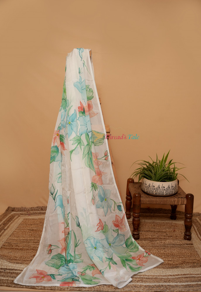 Image of Off White Hand Painted Chinon Silk Dupatta