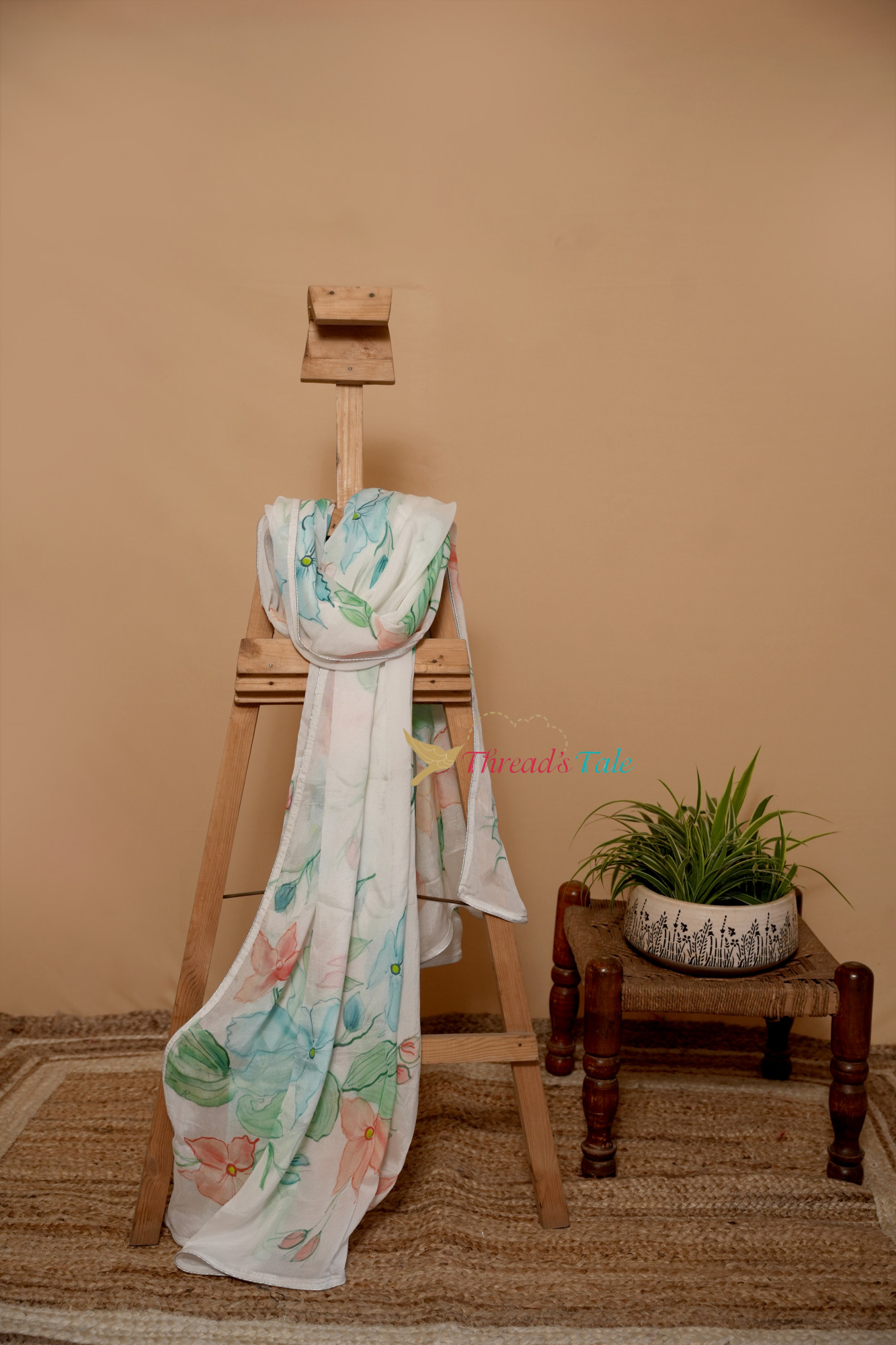 Off White Hand Painted Chinon Silk Dupatta