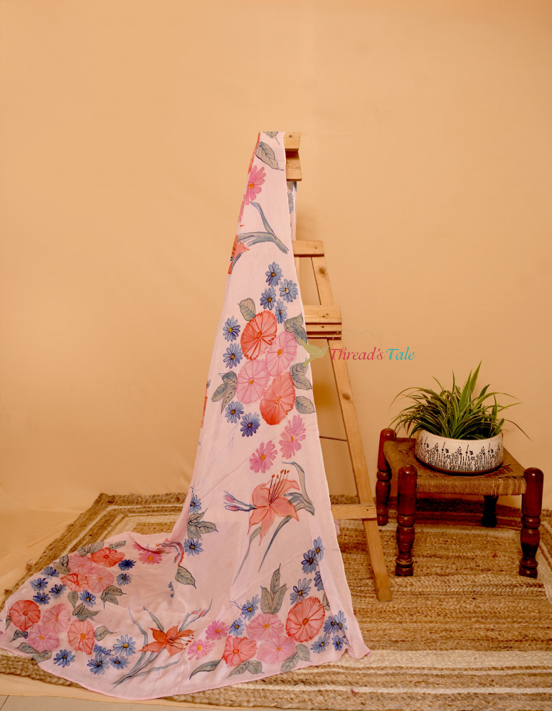 Image of Fresh Pink Hand Painted Georgette Dupatta