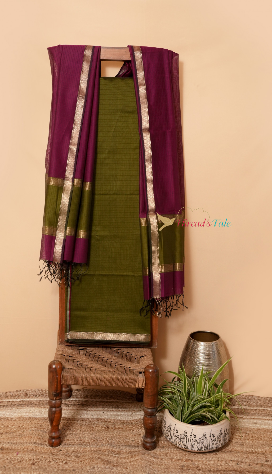 Moss Green Violet Handwoven Top and Dupatta Set