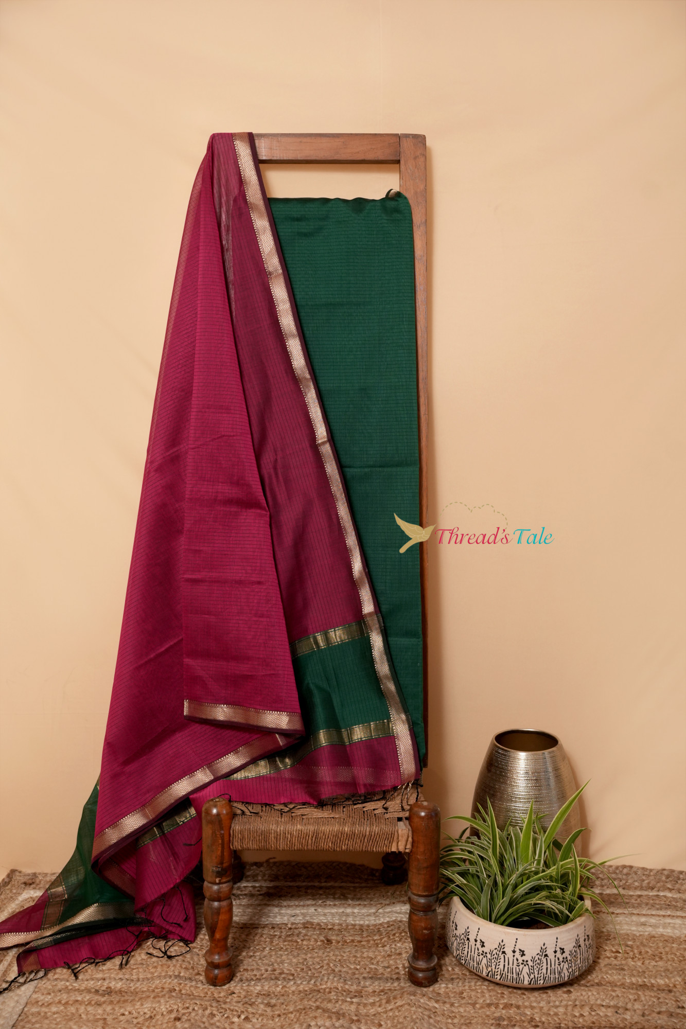 Bottle Green Dark Pink Handwoven Top And Dupatta Set