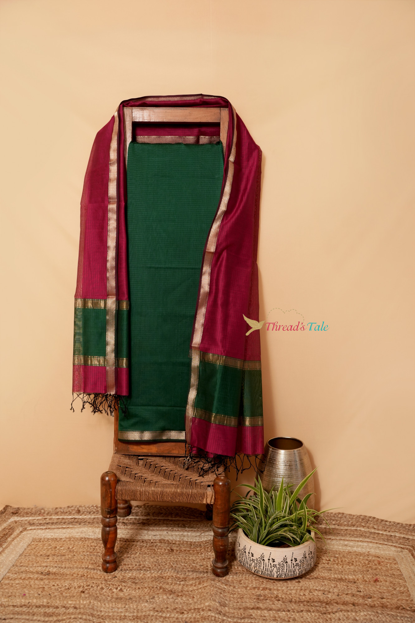 Bottle Green Dark Pink Handwoven Top And Dupatta Set
