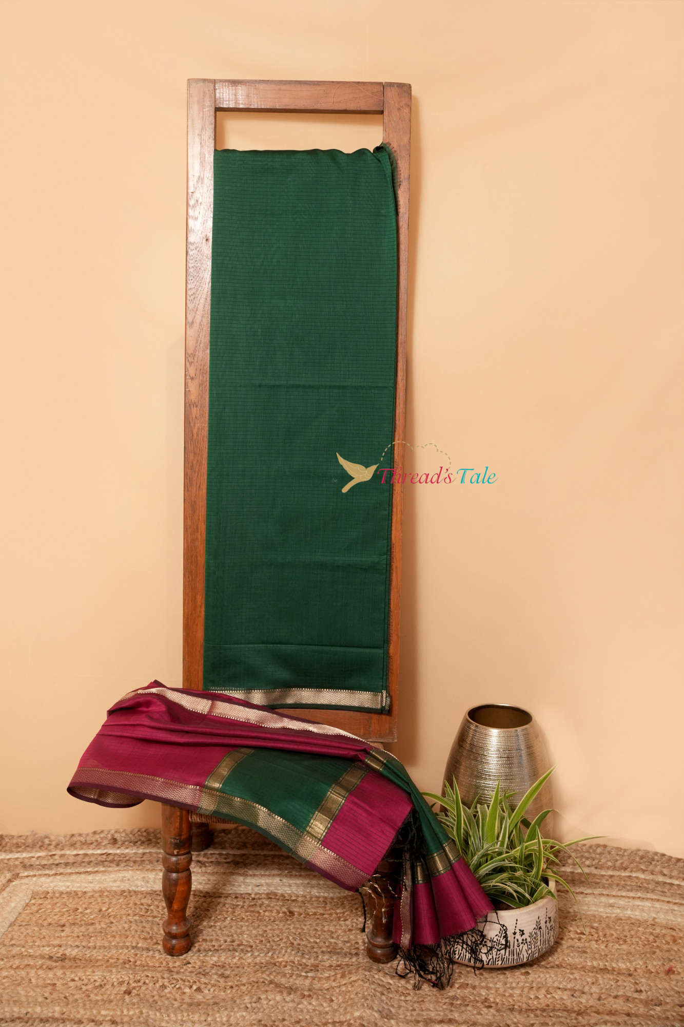 Bottle Green Dark Pink Handwoven Top And Dupatta Set