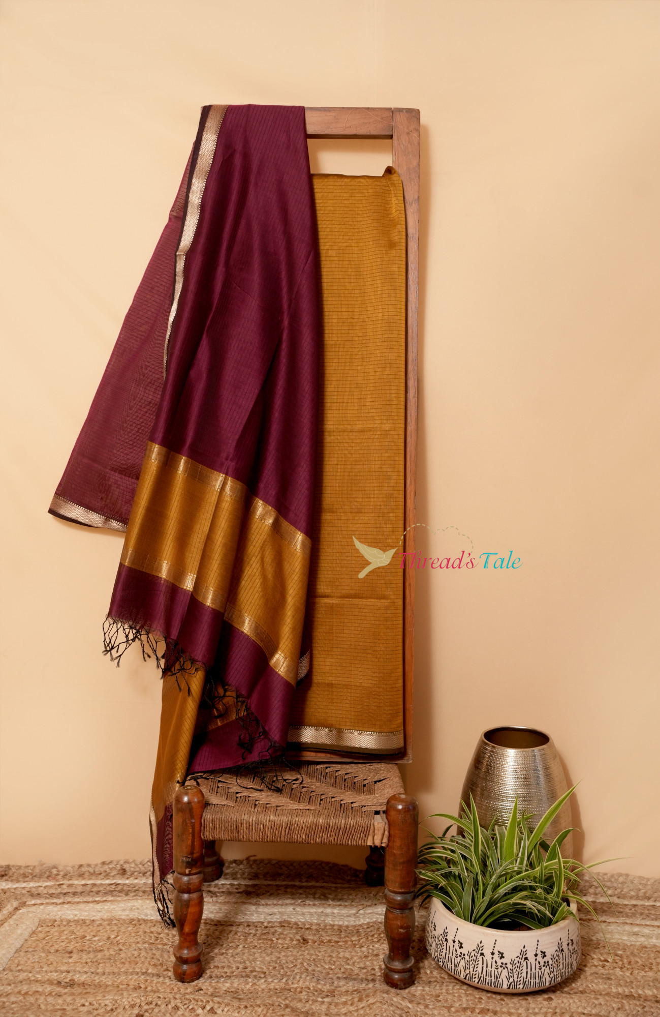 Mustard Yellow And Deep Red Handwoven Top And Dupatta Set