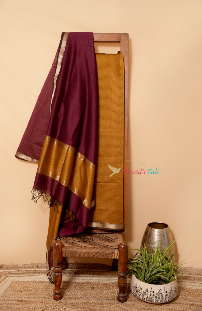 Image of Mustard Yellow And Deep Red Handwoven Top And Dupatta Set