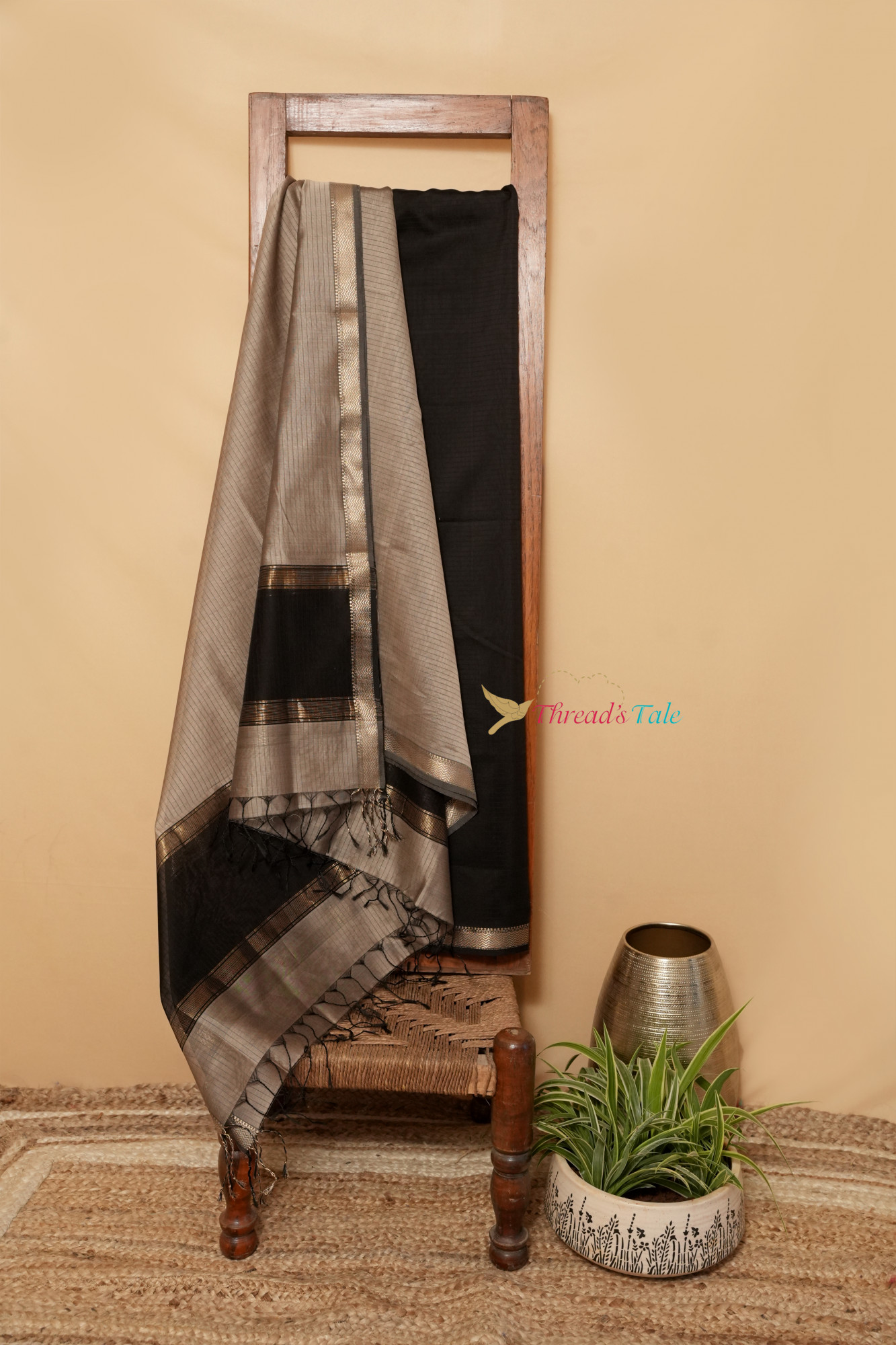 Black Beige Handwoven Top And Dupatta Set