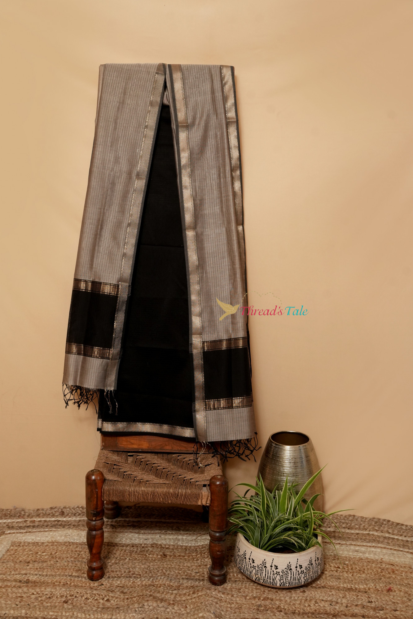 Black Beige Handwoven Top And Dupatta Set