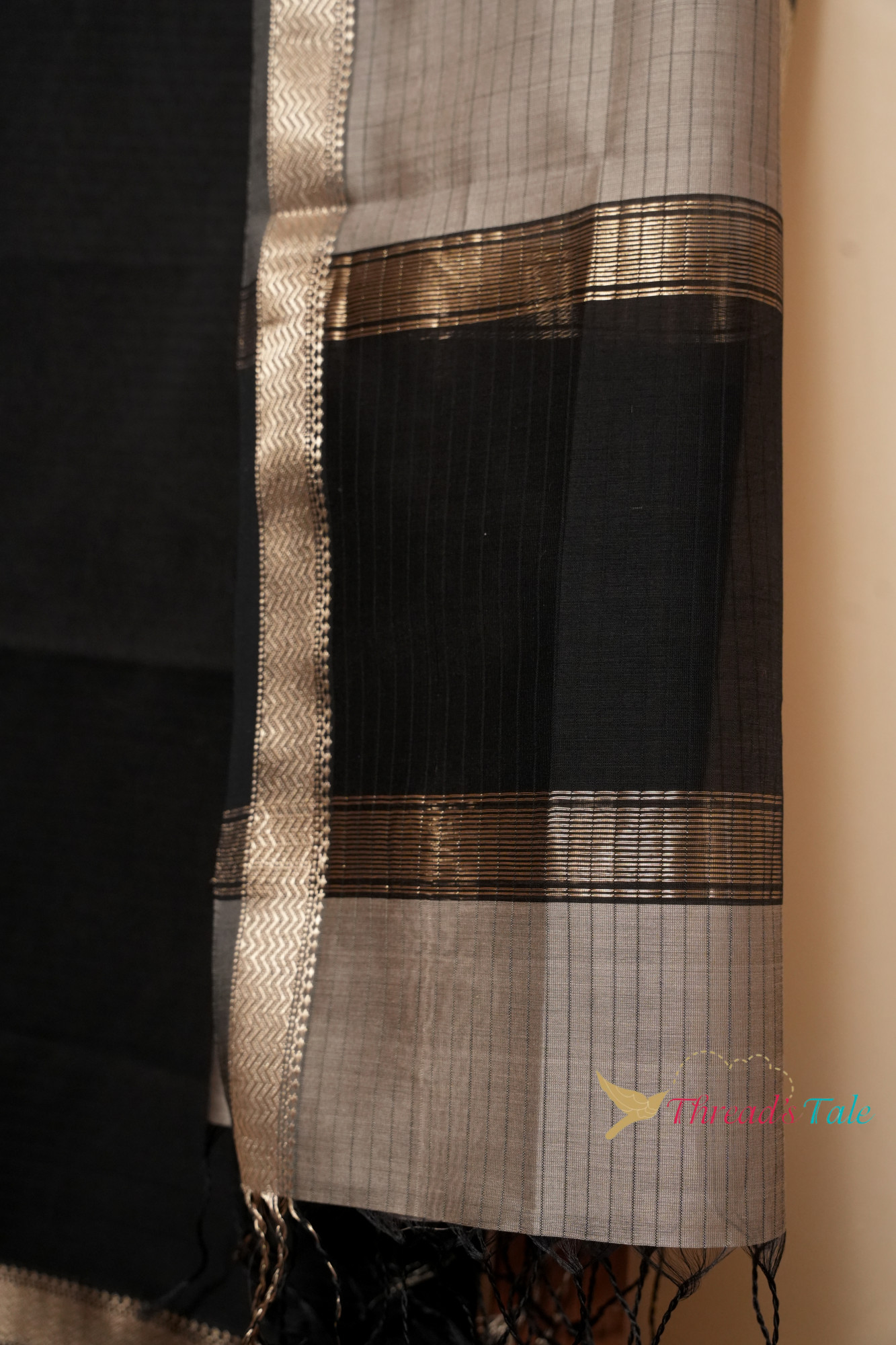 Black Beige Handwoven Top And Dupatta Set