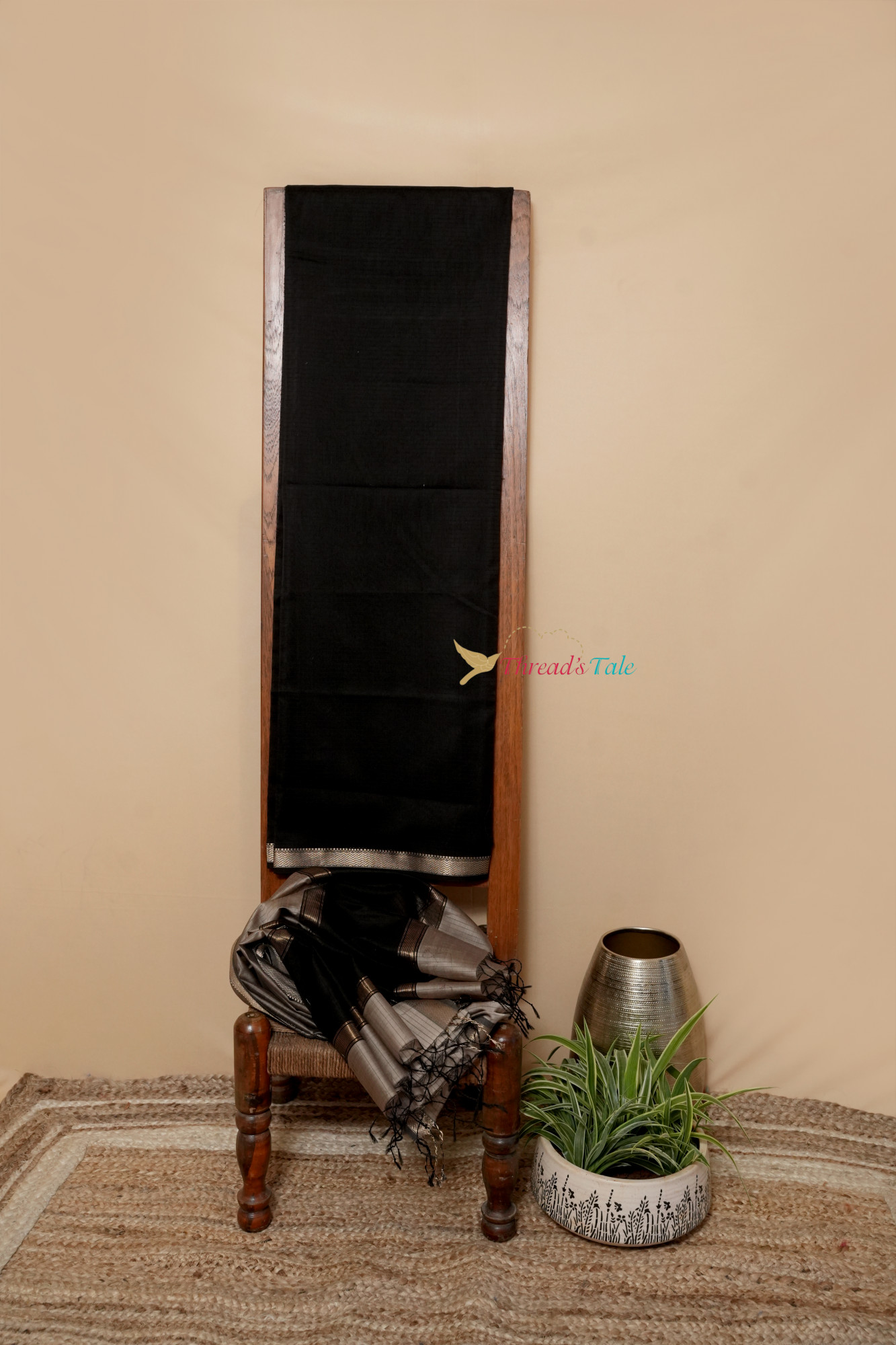 Black Beige Handwoven Top And Dupatta Set