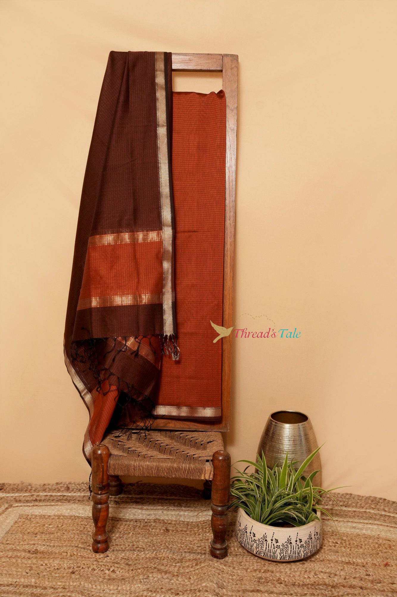 Ochre Chocolate Brown Handwoven Top And Dupatta Set