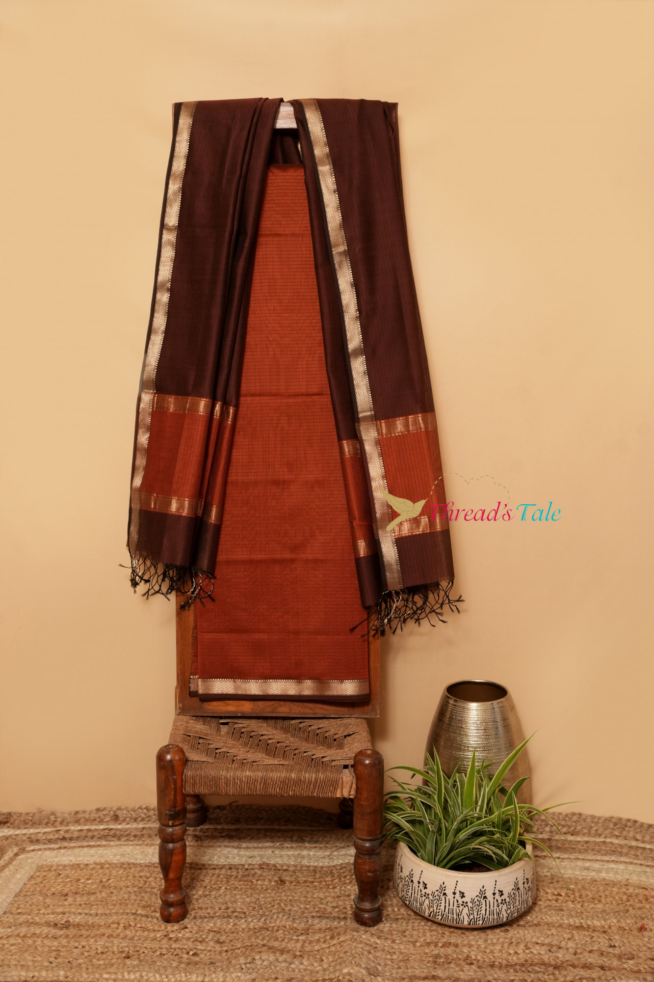 Ochre Chocolate Brown Handwoven Top And Dupatta Set