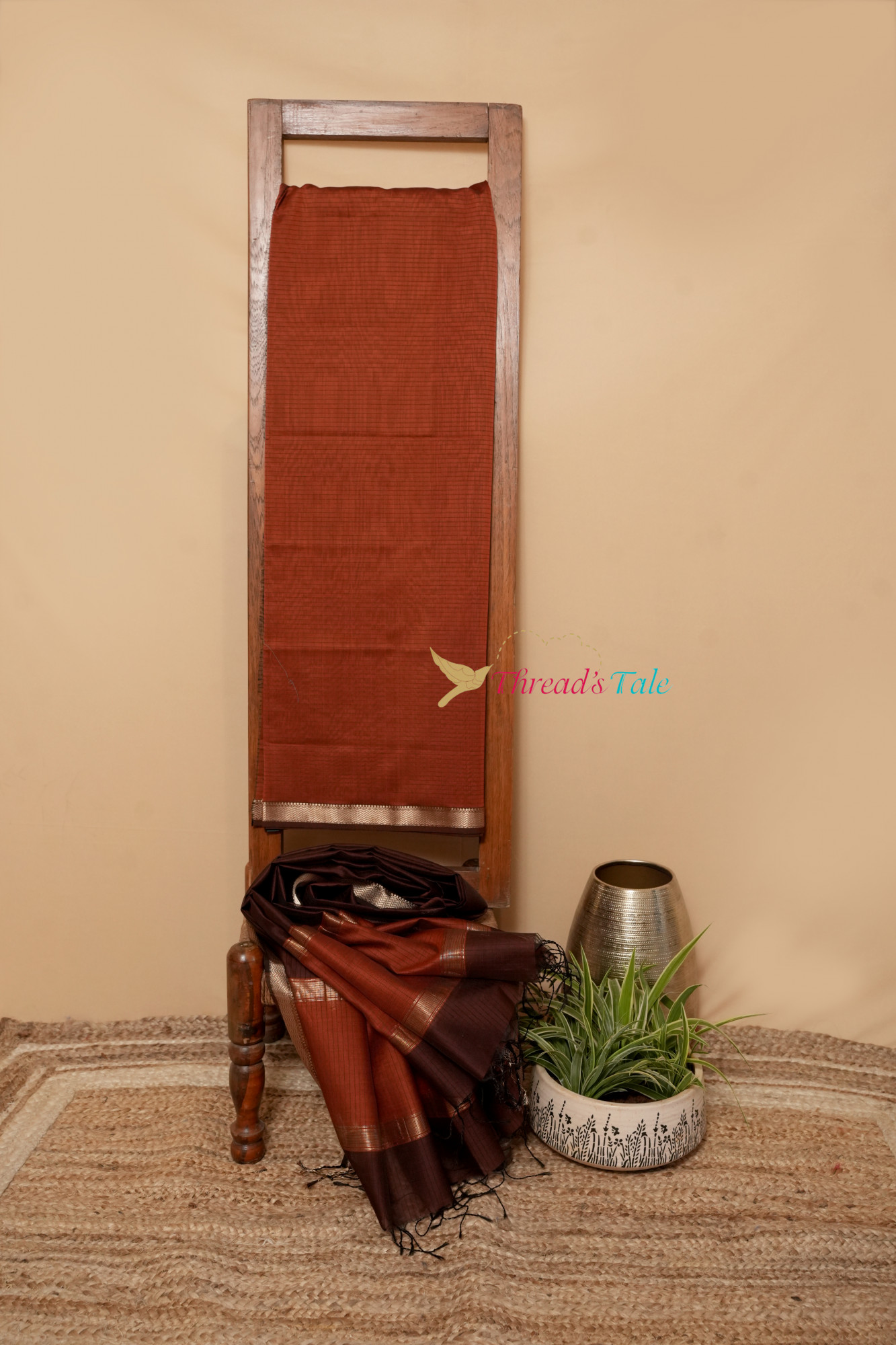 Ochre Chocolate Brown Handwoven Top And Dupatta Set