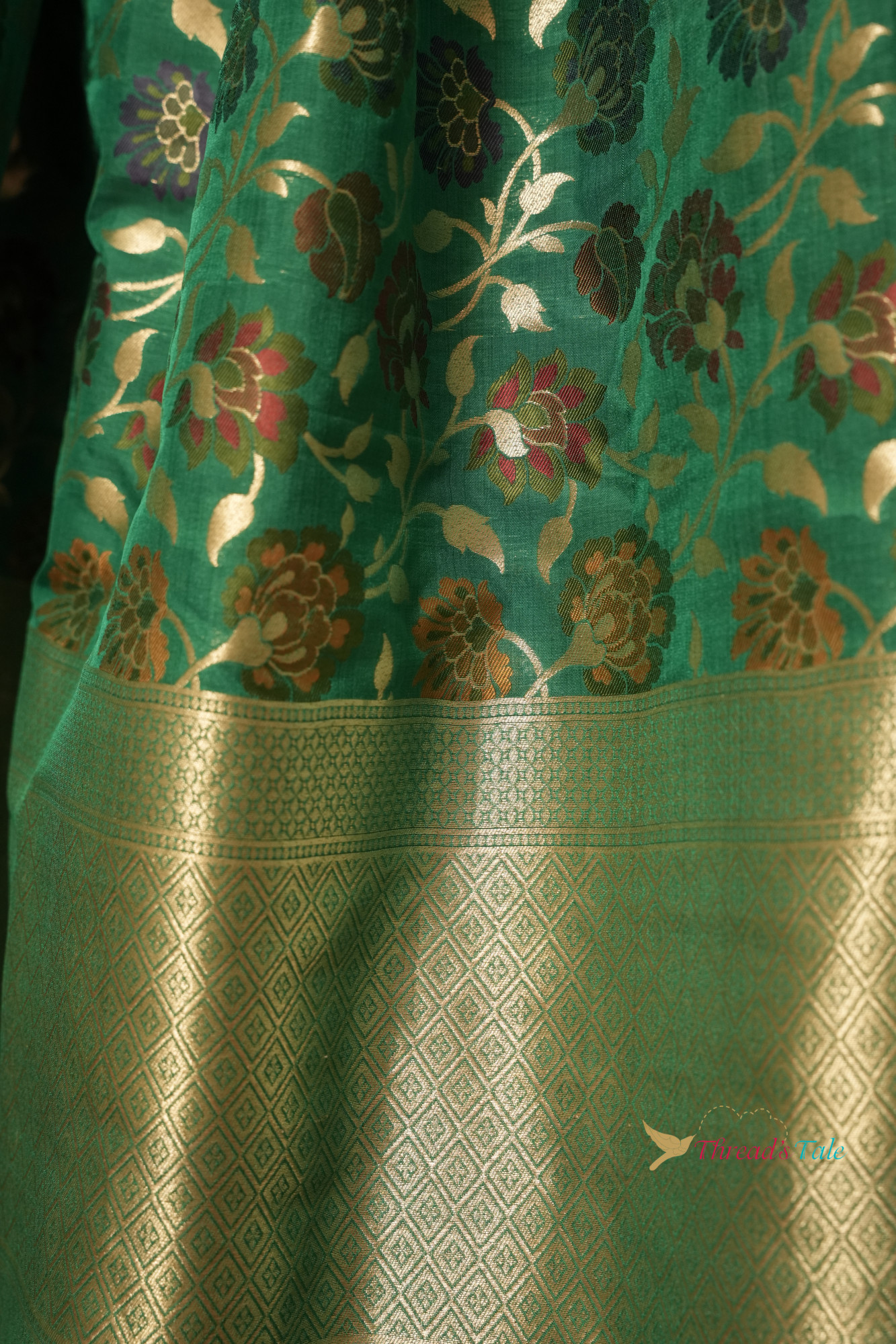 Festive Green Pure Silk Dupatta With Multi Color Zari Motifs