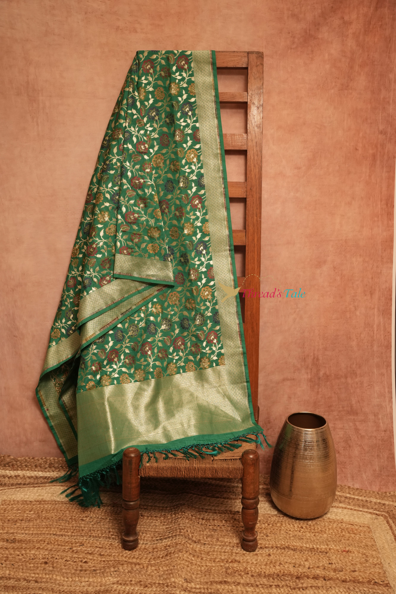 Festive Green Pure Silk Dupatta With Multi Color Zari Motifs