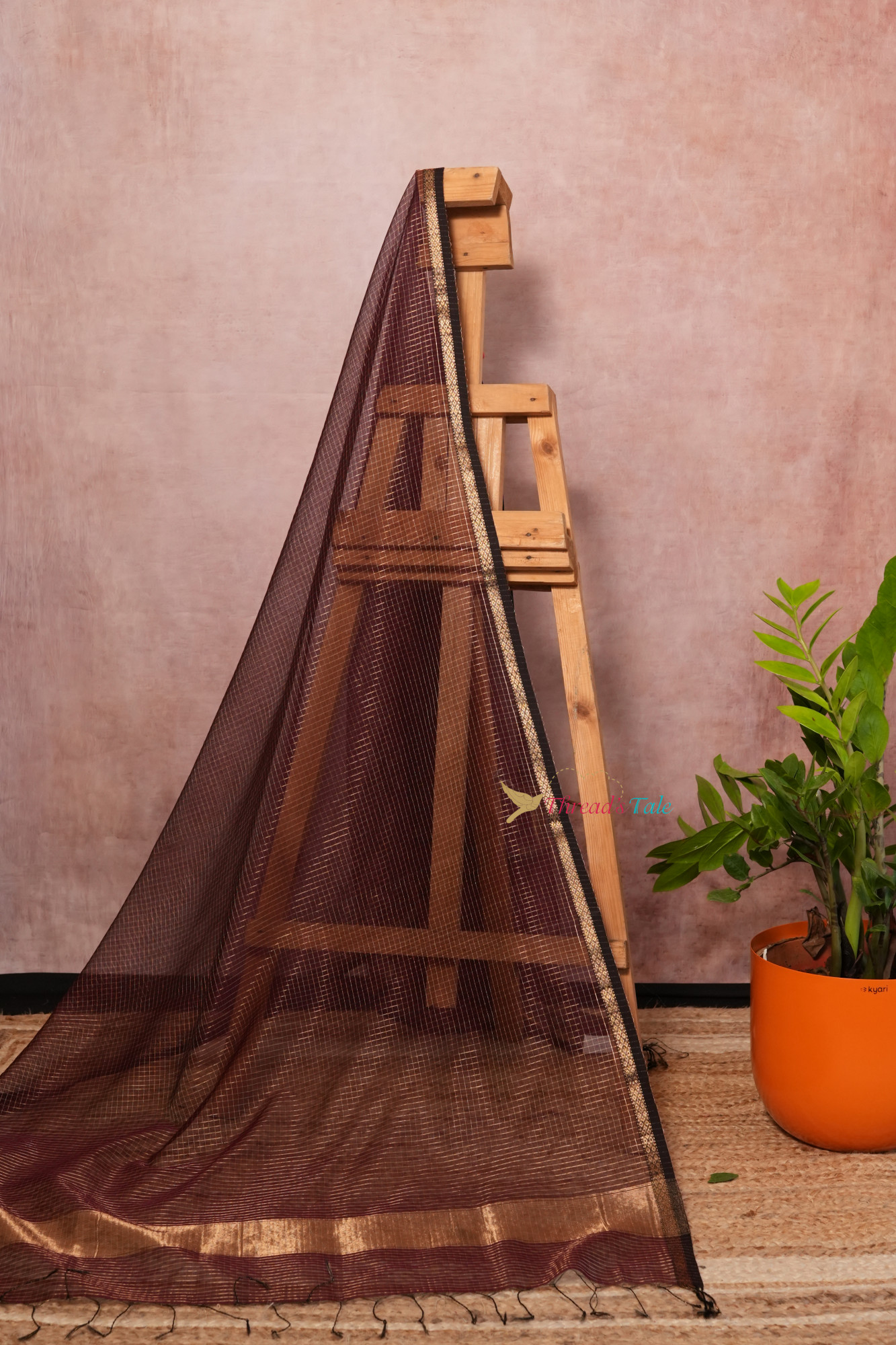 Brown Tissue Checks Handwoven Maheshwari Dupatta With Border