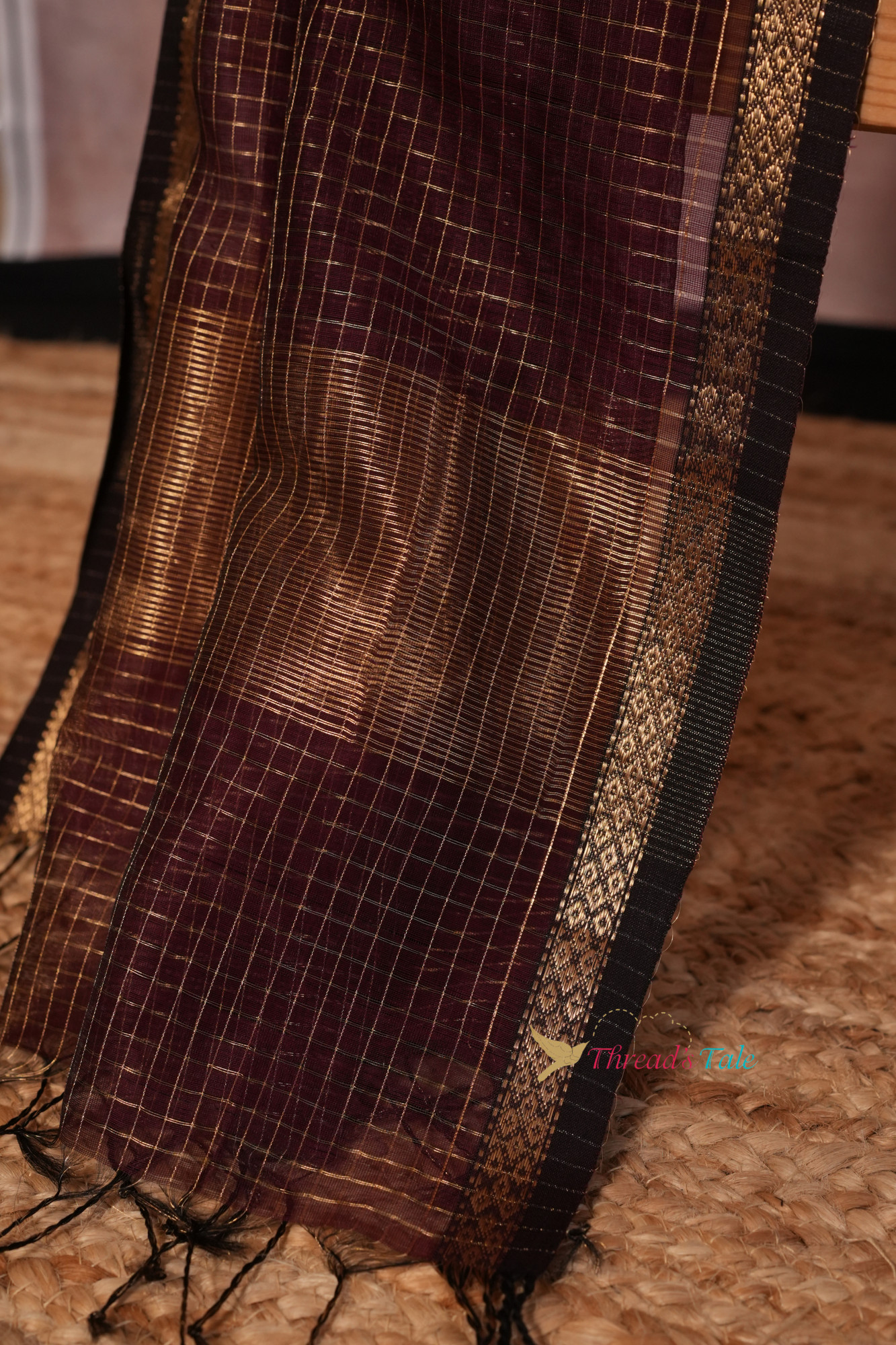 Brown Tissue Checks Handwoven Maheshwari Dupatta With Border