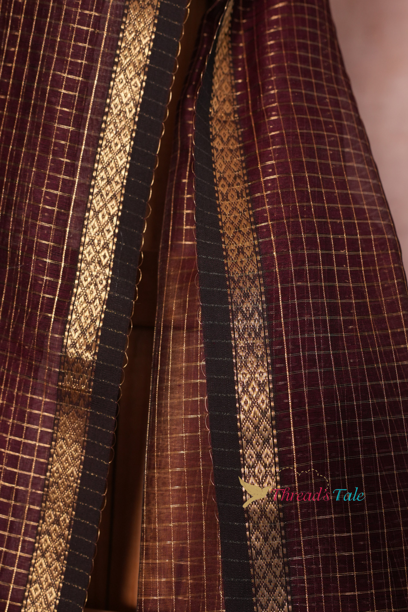 Brown Tissue Checks Handwoven Maheshwari Dupatta With Border