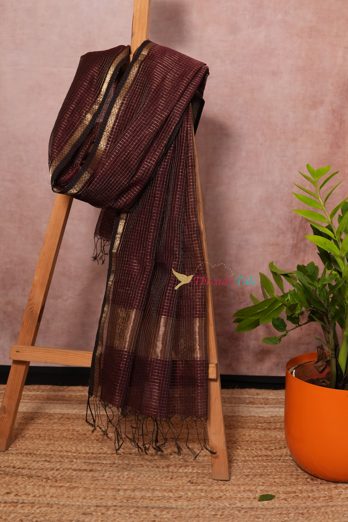 Brown Tissue Checks Handwoven Maheshwari Dupatta With Border