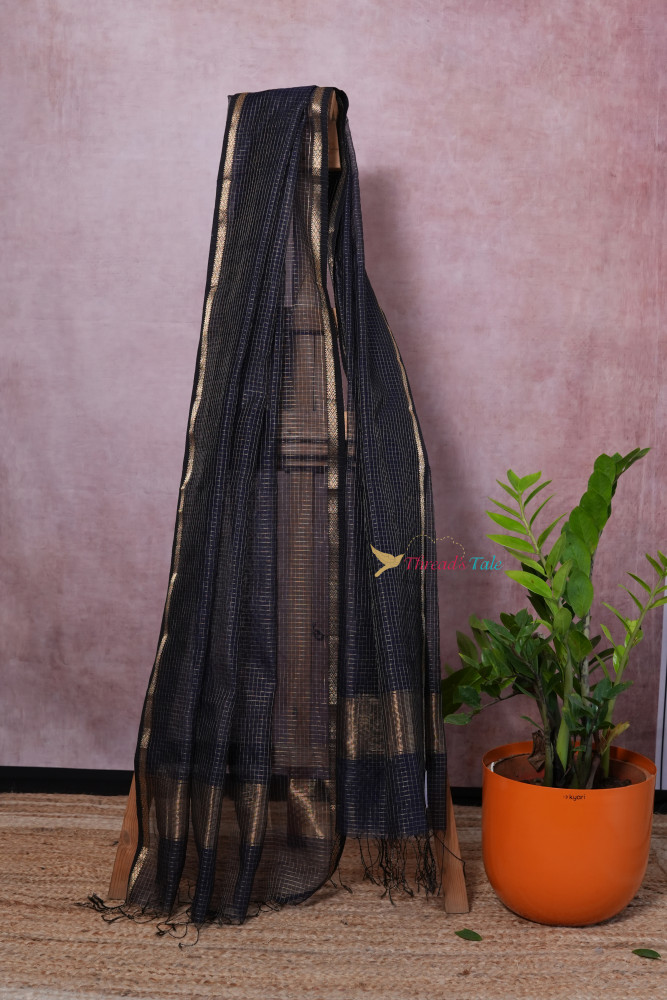 Image of Blue Handwoven Tissue Checks Maheshwari Dupatta