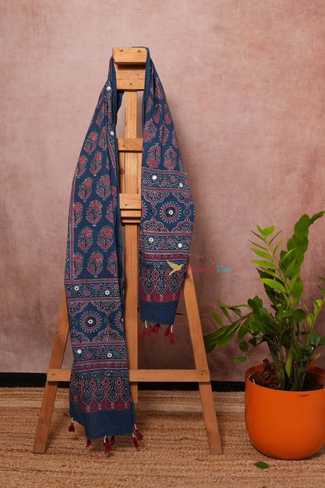 Image of Handcrafted Indigo Red Ajarakh  cotton Stole