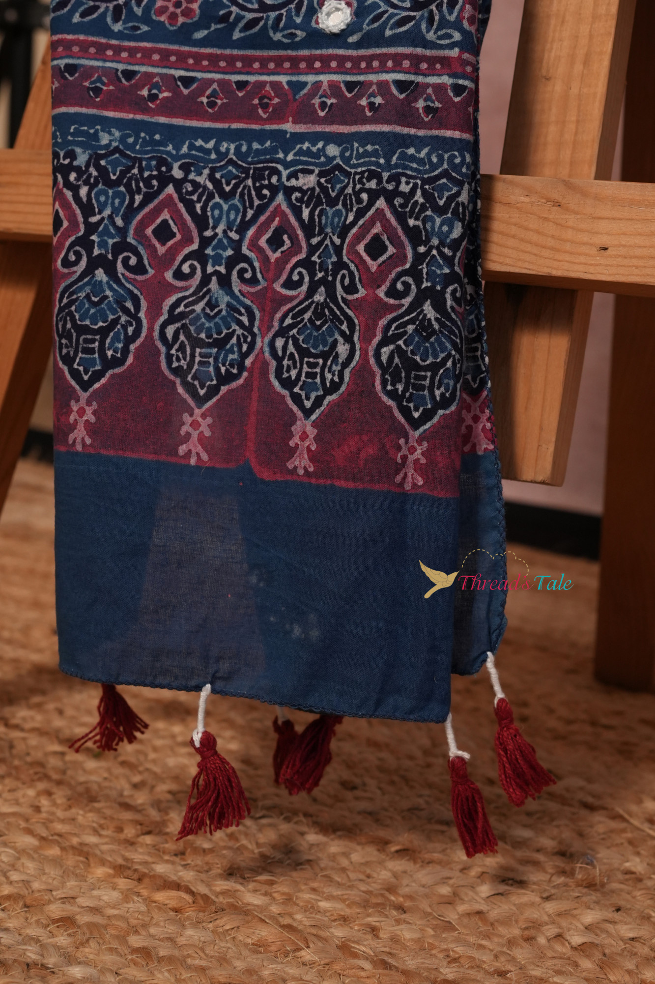 Handcrafted Indigo Red Ajarakh cotton Stole