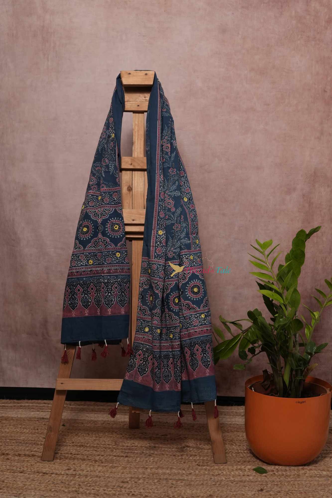 Handcrafted Indigo Yellow Cotton Stole
