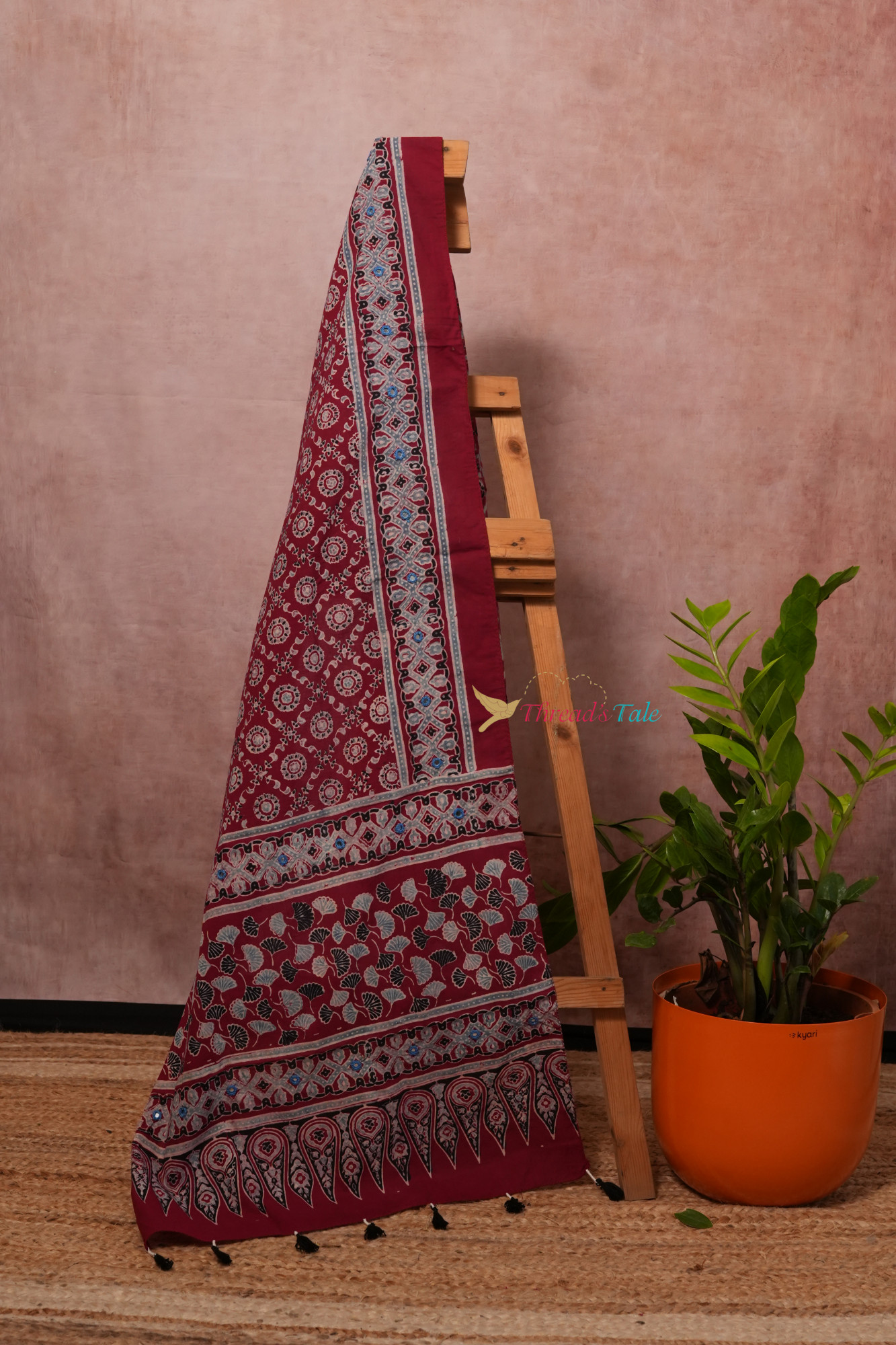 Deep Red Handcrafted Ajarkh Cotton Stole