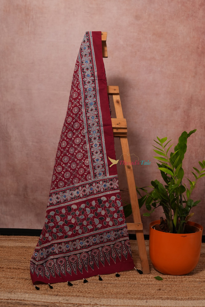 Image of Deep Red Handcrafted Ajarkh Cotton Stole