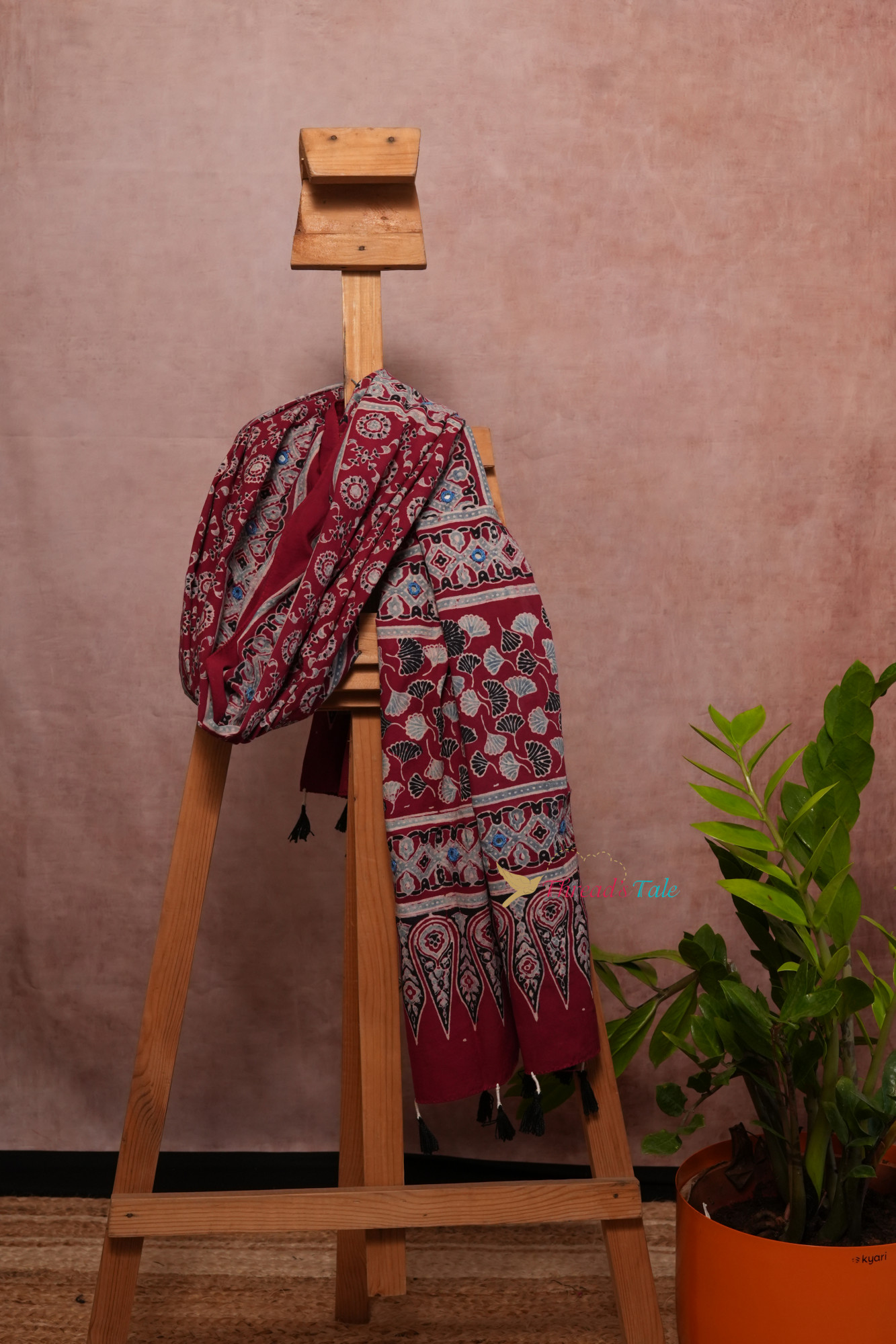 Deep Red Handcrafted Ajarkh Cotton Stole