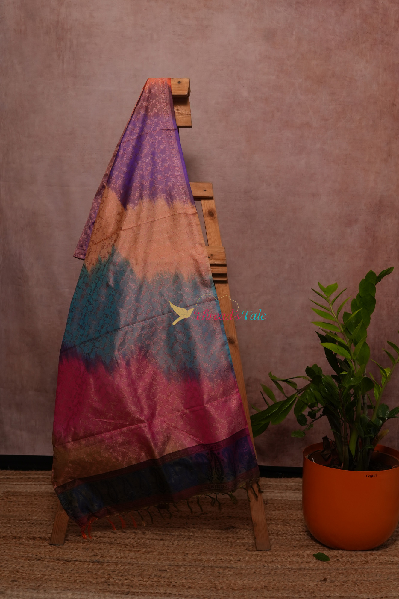 Multi Shaded Peach Pure Silk Brocaded Stole