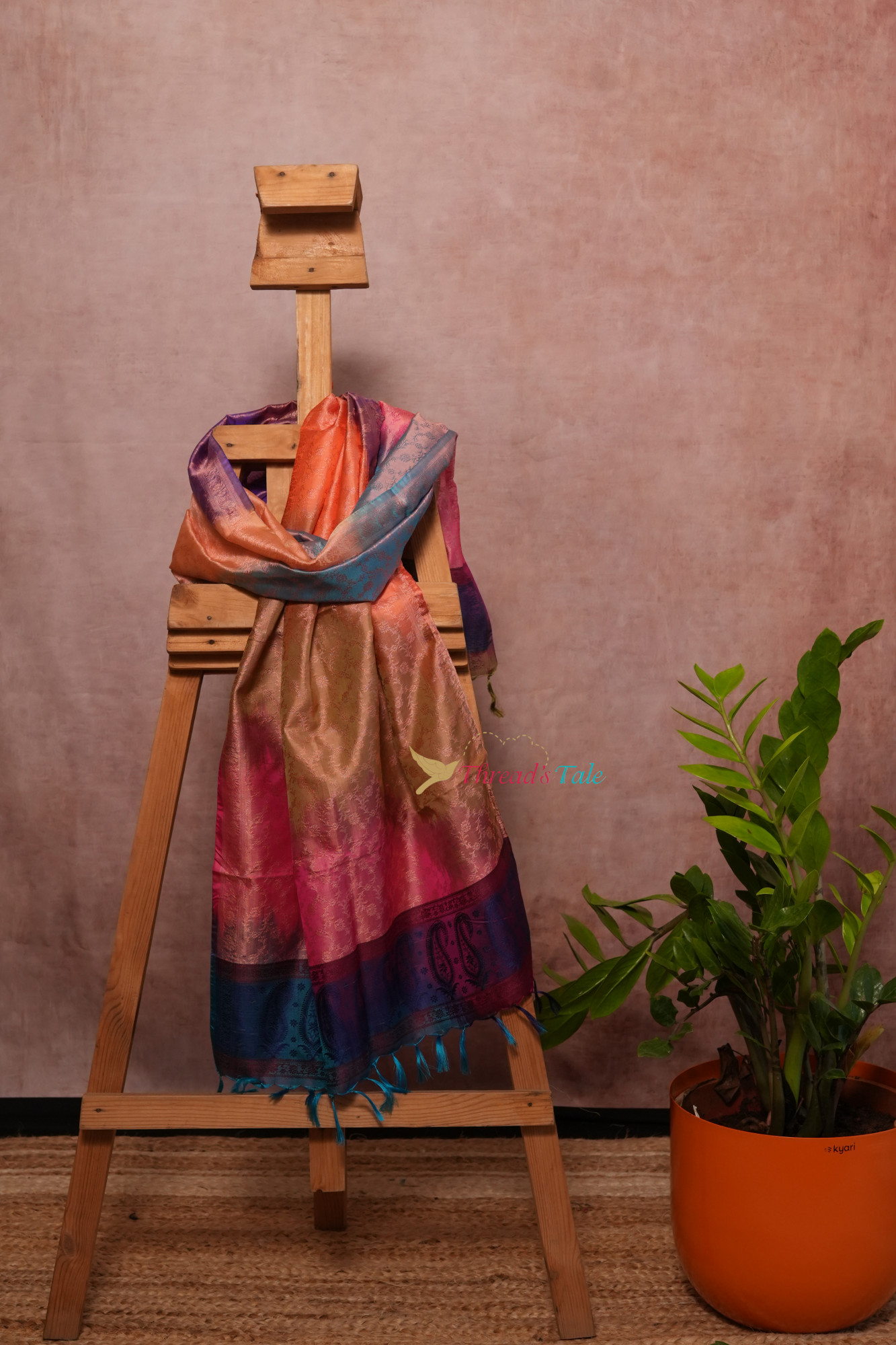 Multi Shaded Peach Pure Silk Brocaded Stole