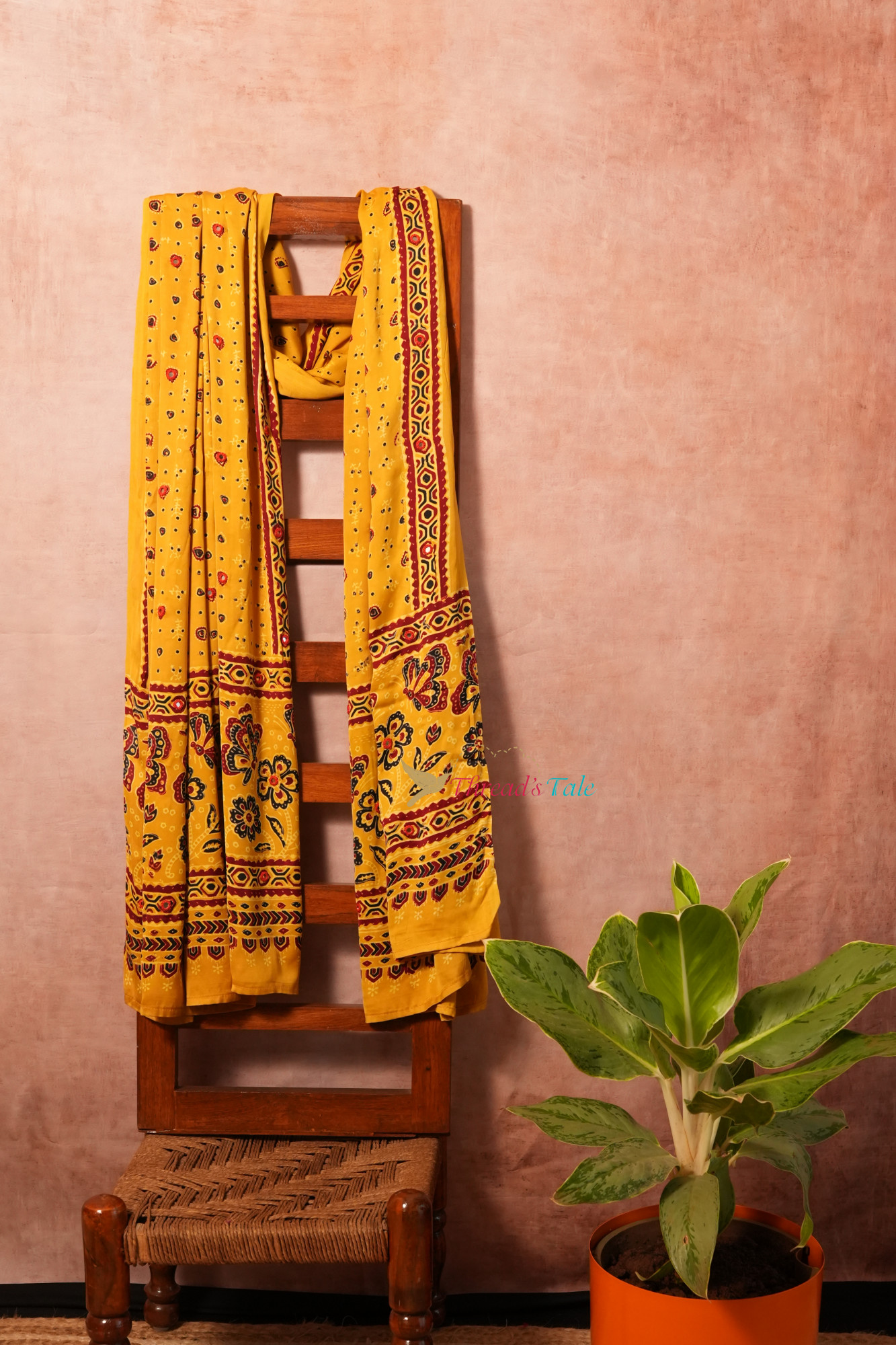 Yellow Handcrafted Ajrakh Model Dupatta