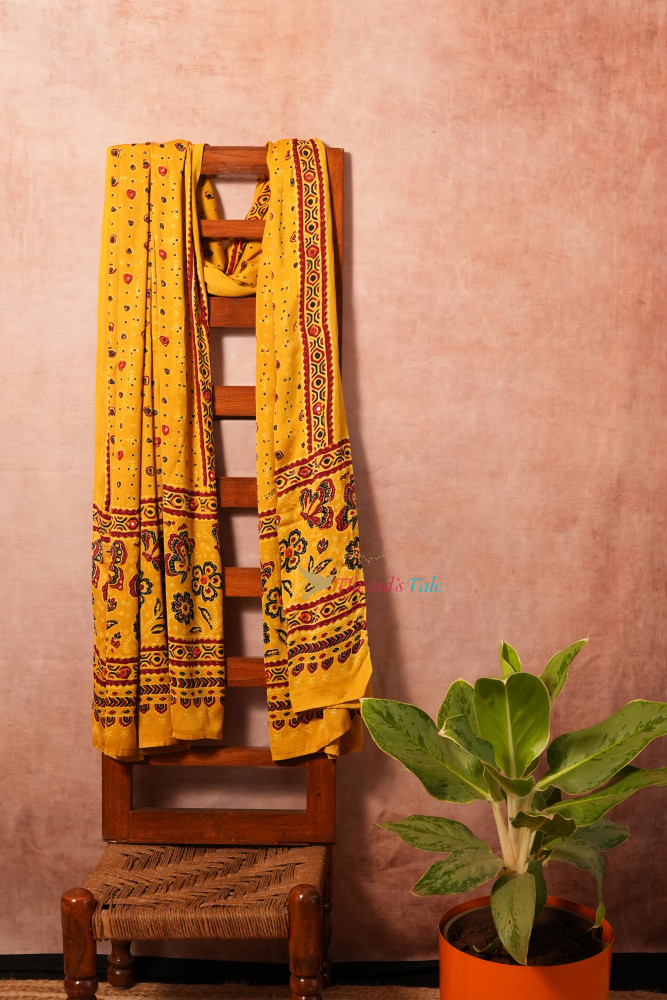 Image of Yellow Handcrafted Ajrakh Model Dupatta