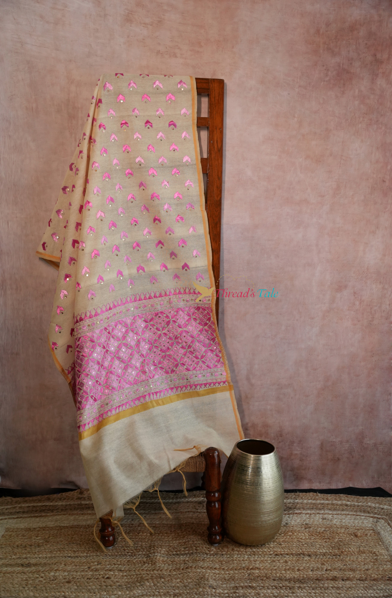 Off White Pink Handcrafted Phulkari Dupatta