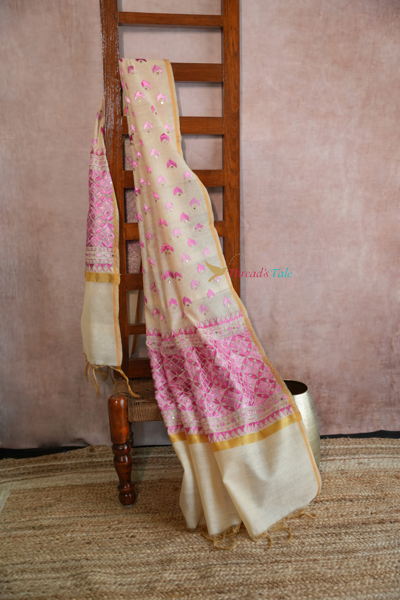 Off White Pink Handcrafted Phulkari Dupatta